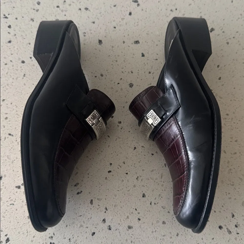 Brighton DEEDEE VINTAGE Black Brown Leather Mules Loafers Made in Italy Size 7.5